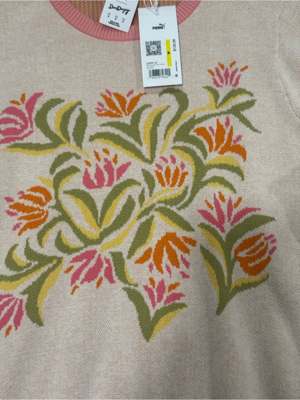 Puma Cream Floral Intarsia Crewneck Sweater with Pink Trim - Picture 4 of 9